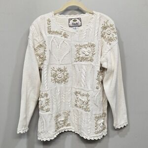 Tiara International Sweater Large Chunky‎ 3D Floral Heart Bridal Rustic Cottage